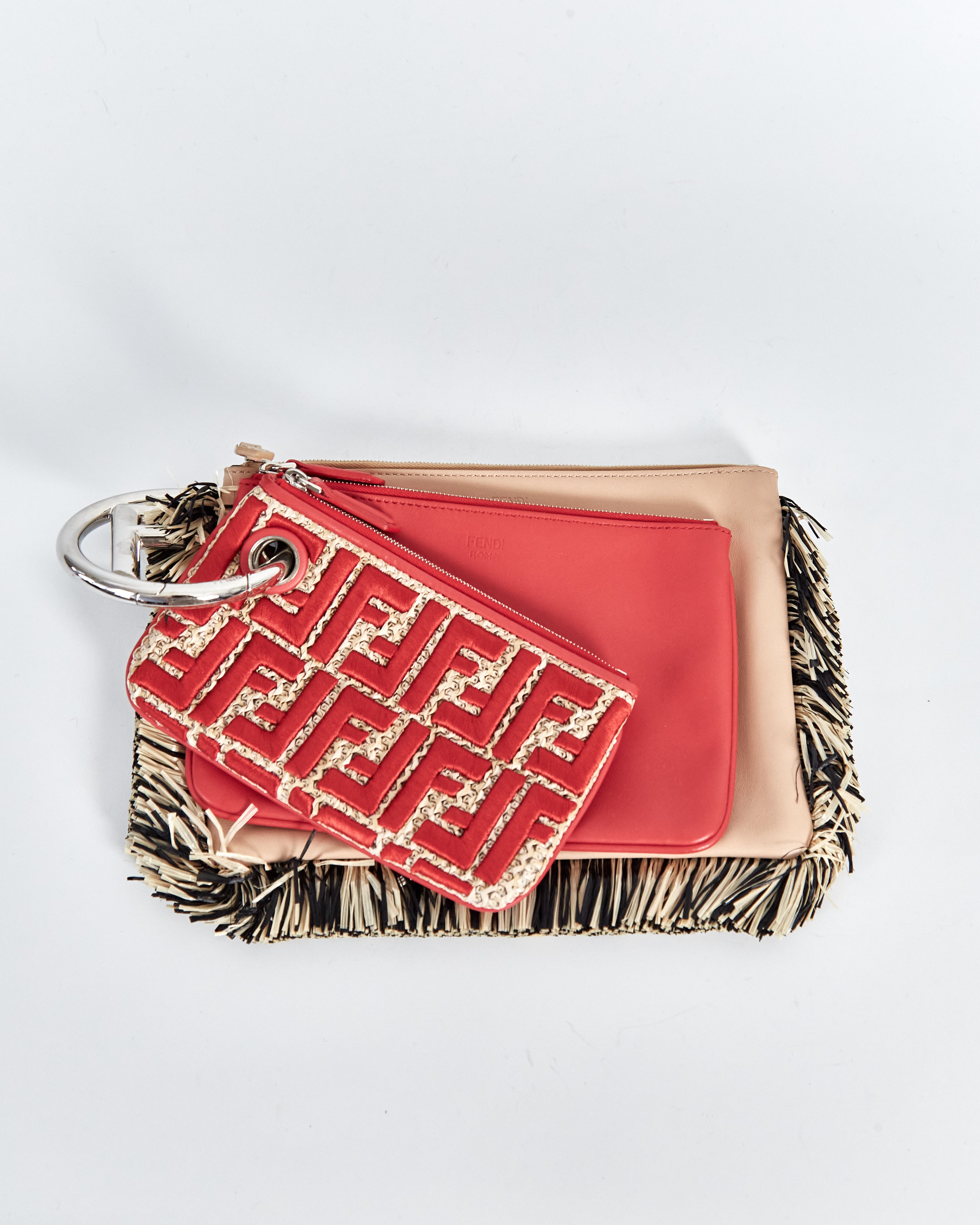 Fendi 'triplette raffia fringe' clutch bag, red beige
